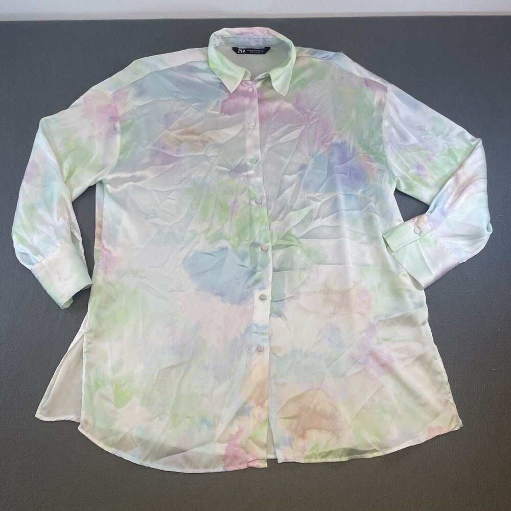 Zara Women Tie Dye Button Down Shirt Pastel Lightweight Long Sleeve Small